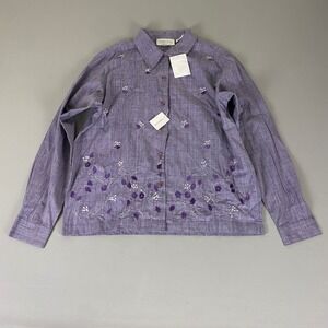 Lemon Grass Linen Shirt Button Up Women's Size Medium Purple Embroidered New NWT